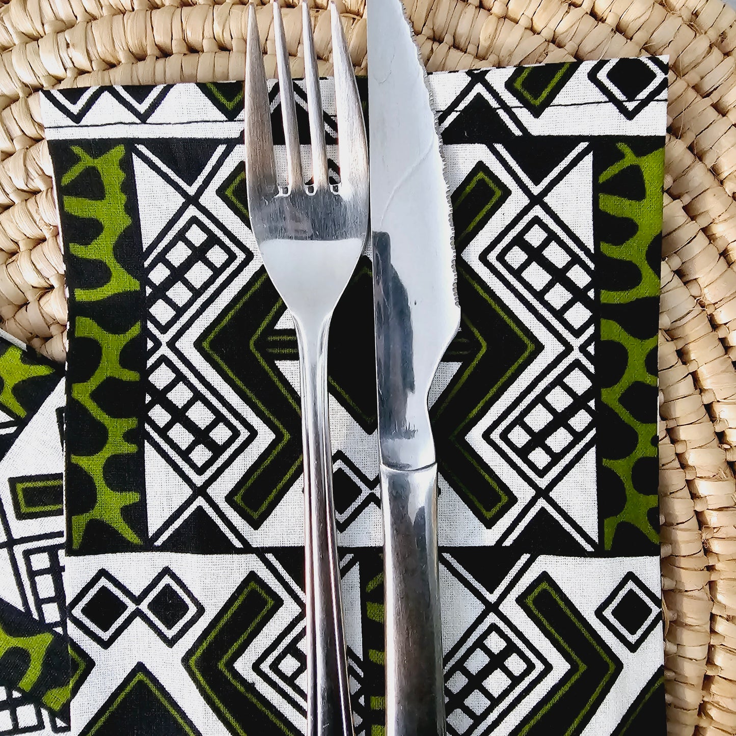 Set of 4 Napkins | 35x35cm | Black Mudcloth Print, Ankara Wax, 100% Cotton