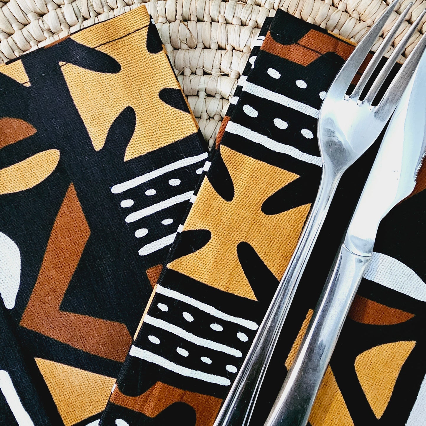 Set of 4 / 8 Napkins | 40x40cm | Black Mudcloth Print, Ankara Wax, 100% Cotton
