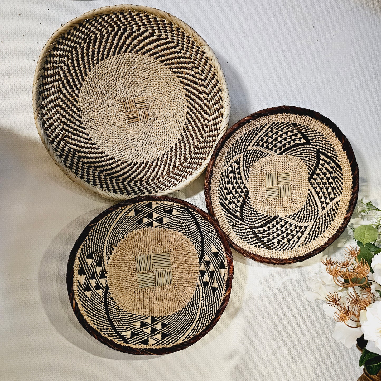 Set of 3 Handmade African Wall Baskets | Zimbabwe Baskets | Boho Wall Decor