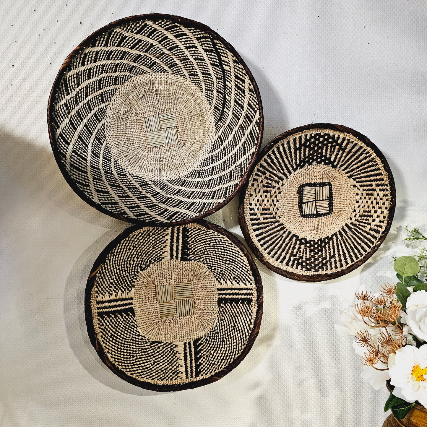 Set of 3 Handmade African Wall Baskets | Zimbabwe Baskets | Boho Wall Decor