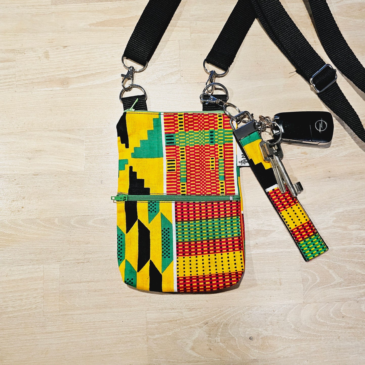 Handmade Phone Bag and Keyfob Set | African Ankara Print Fabric | Vegan Leather Detail | Adjustable Shoulder Strap