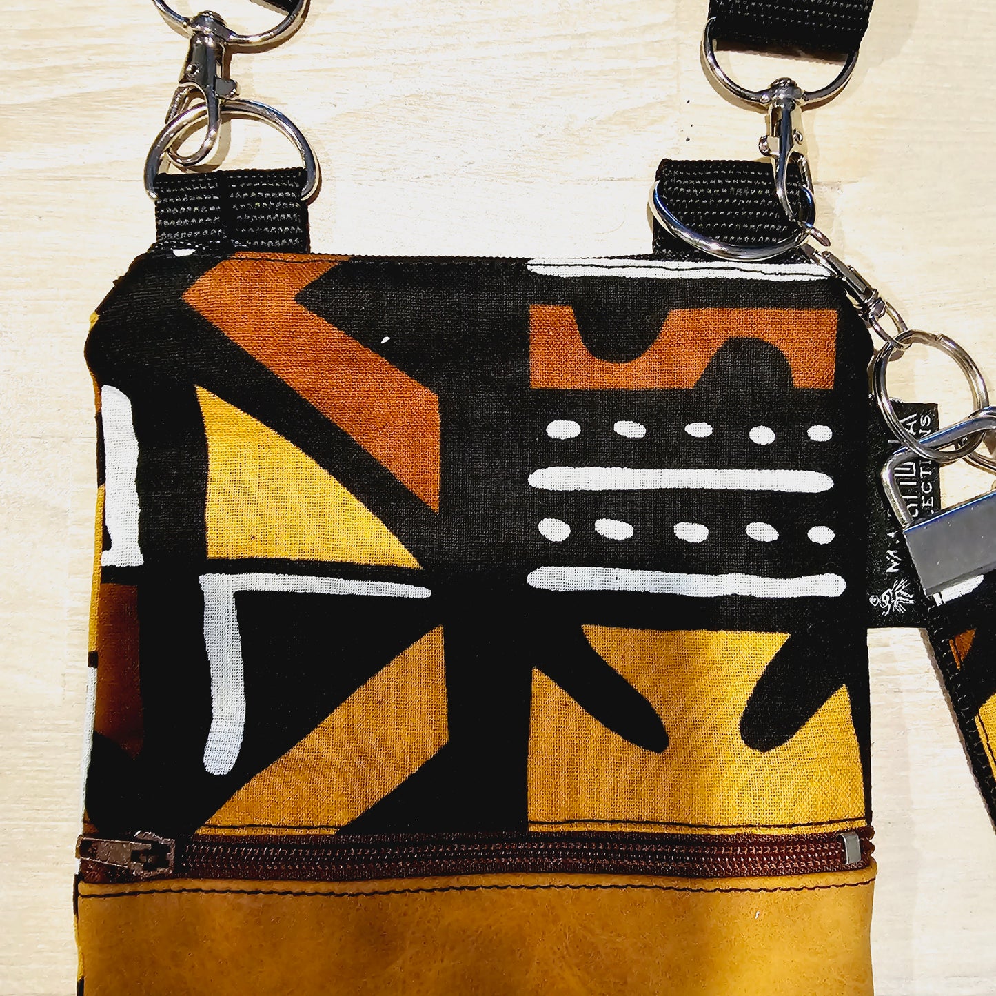 Handmade Phone Bag and Keyfob Set | African Ankara Print Fabric | Vegan Leather Detail | Adjustable Shoulder Strap