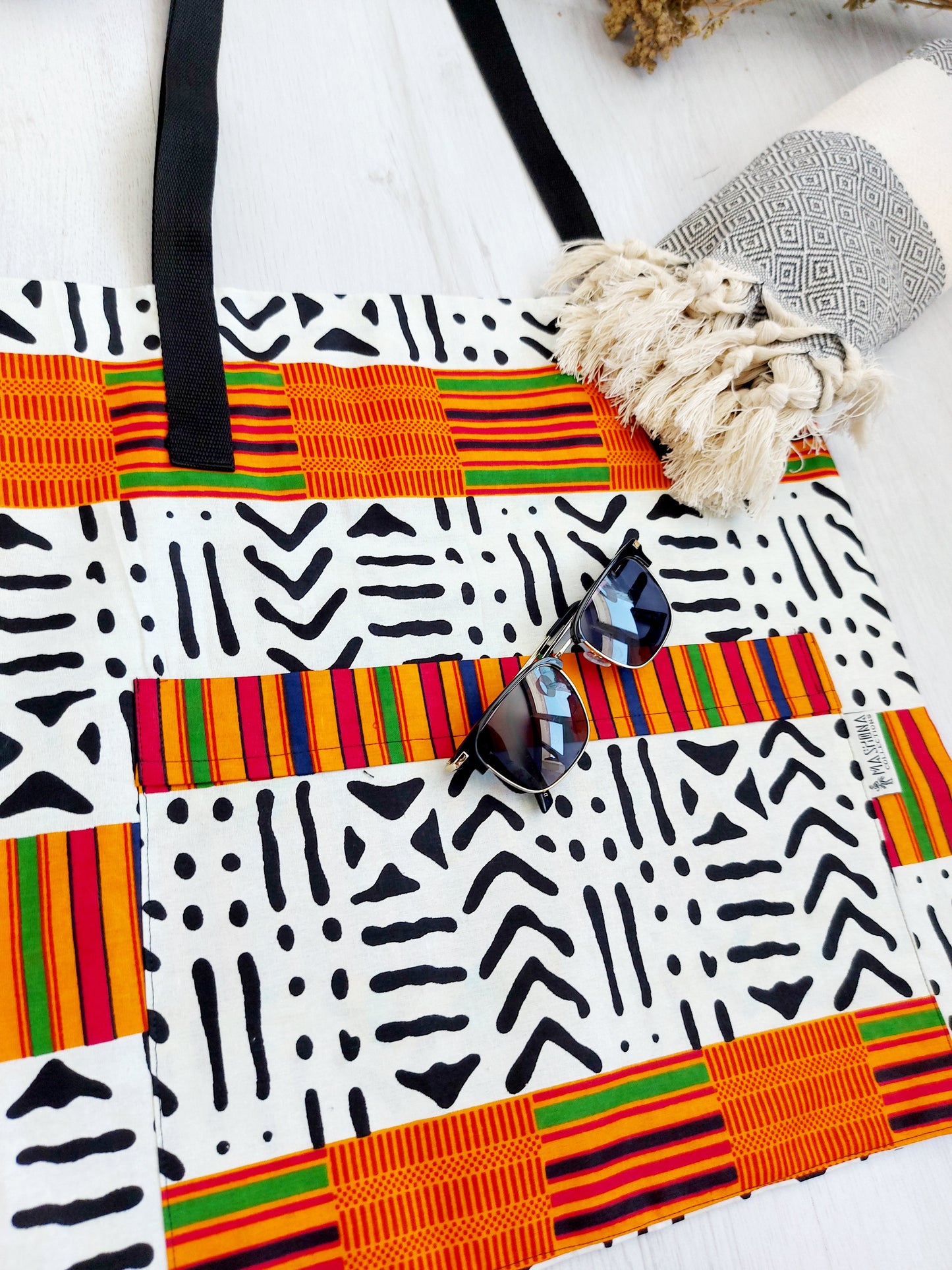 Handmade African Print Tote Bag | Beach Bag | Shopping Bag | Ankara X Mudcloth Print