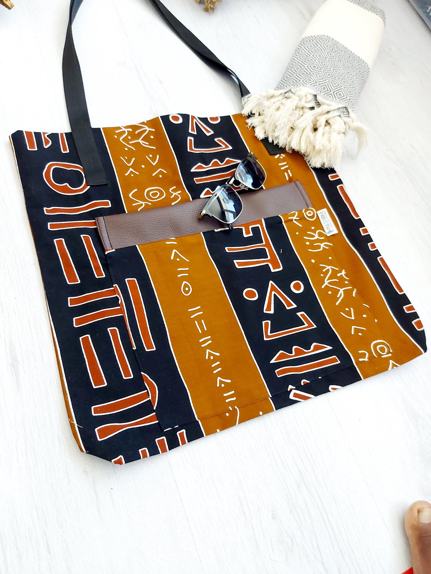 Handmade African Print Tote Bag | Beach Bag | Shopping Bag | Vegan Leather Detail