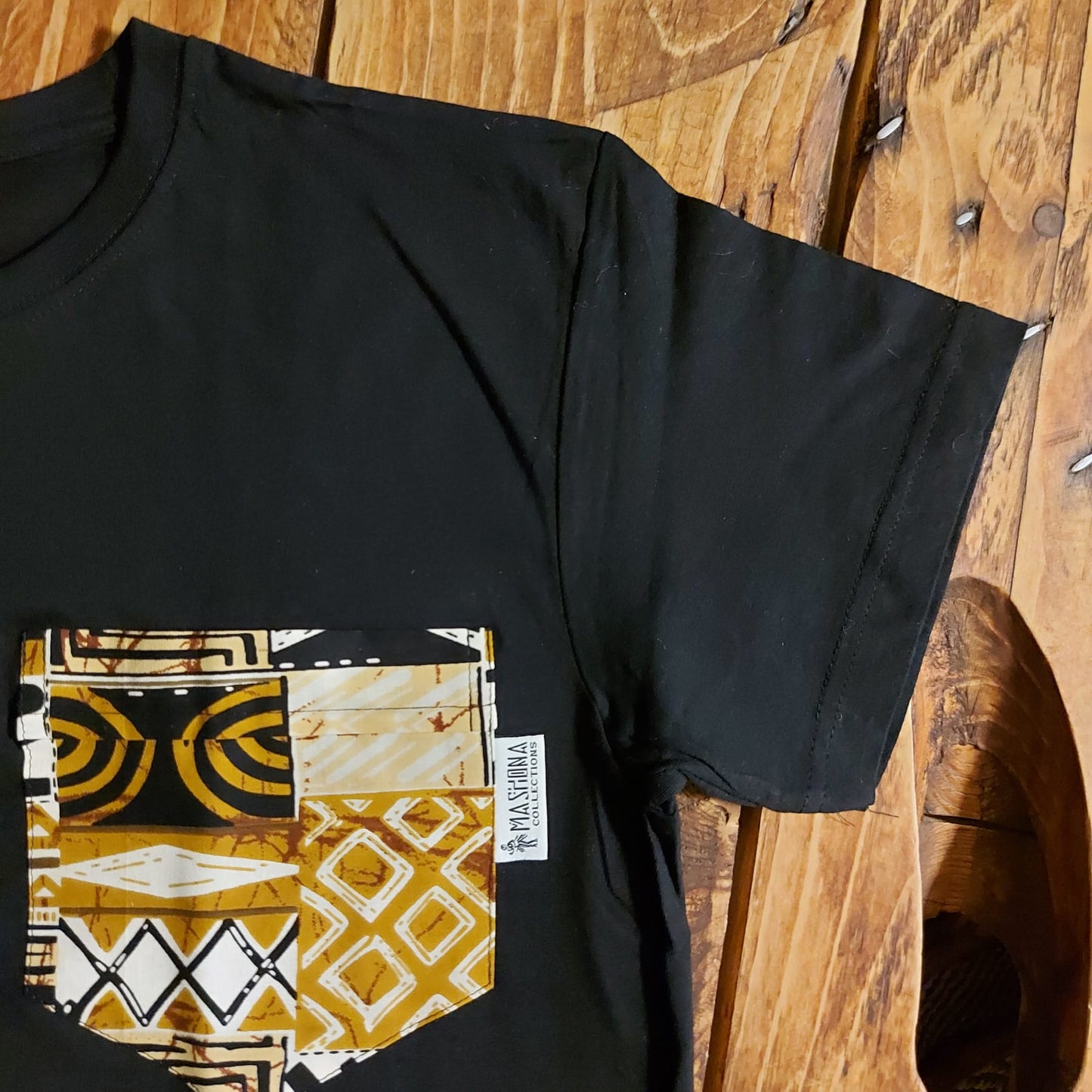 Africa Print Detailed T-Shirt | Bogolan Print Detail and Pocket