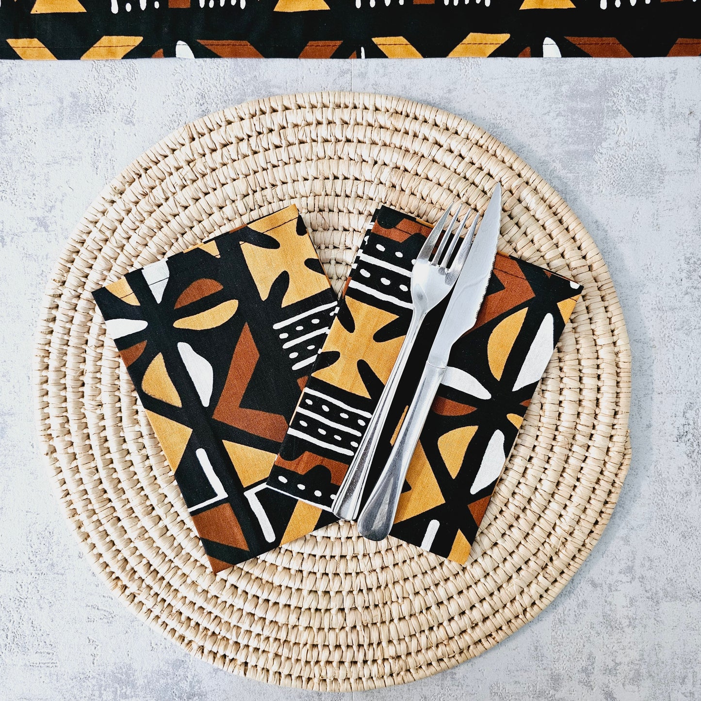 Set of 4 / 8 Napkins | 40x40cm | Black Mudcloth Print, Ankara Wax, 100% Cotton