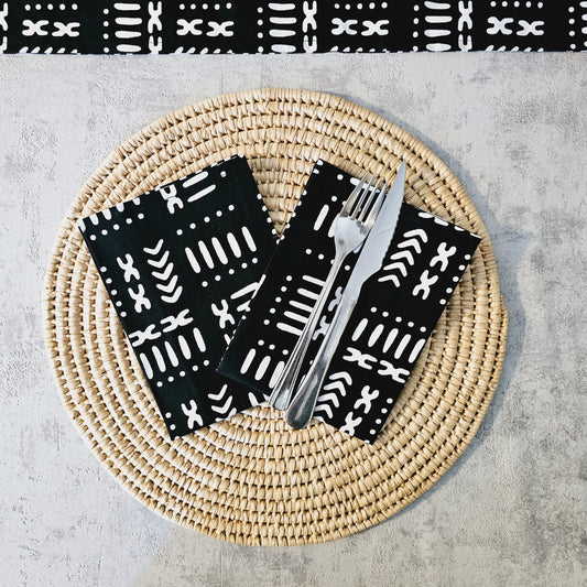 Set of 4 Napkins | 35x35cm | Black Mudcloth Print, Ankara Wax, 100% Cotton