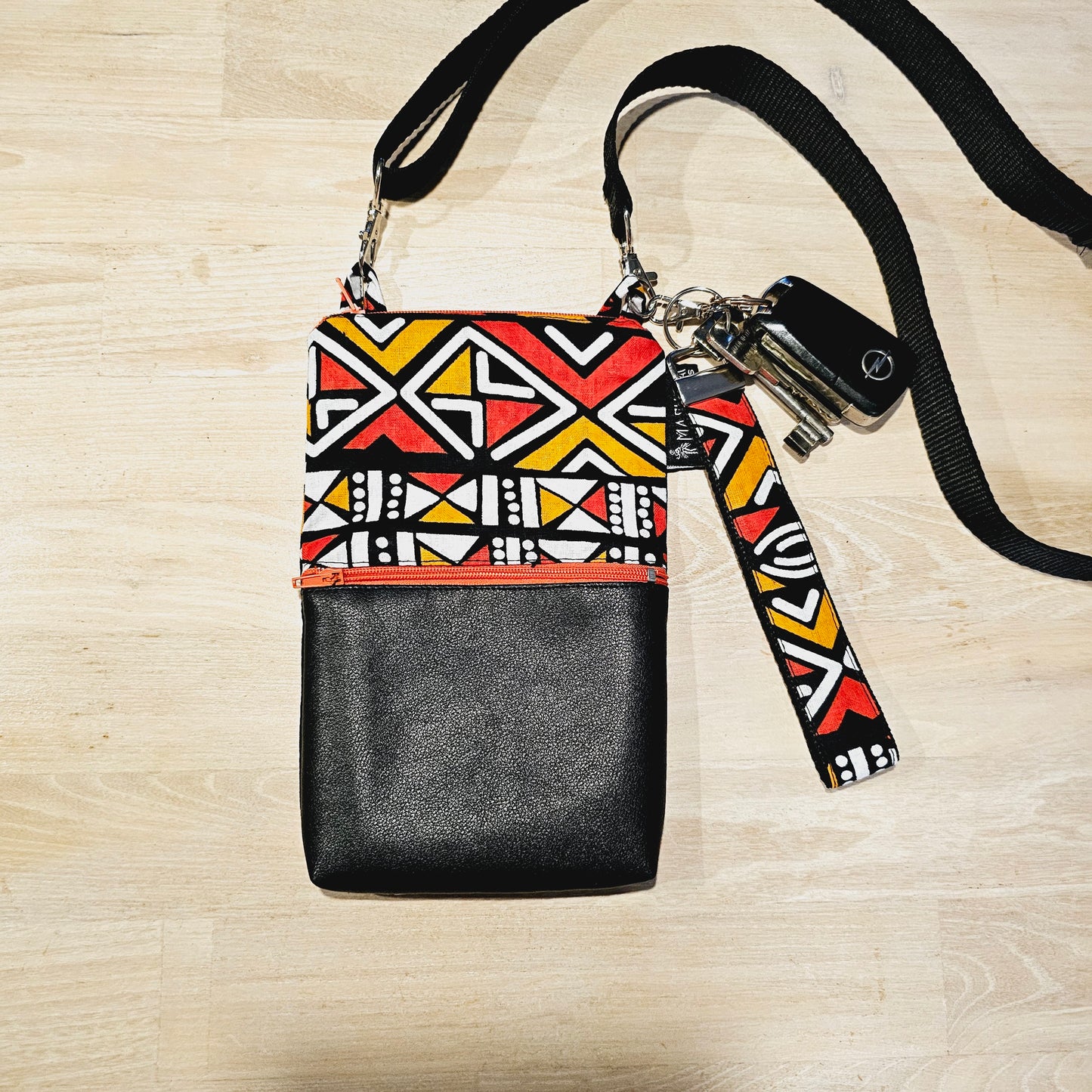 Handmade Phone Bag and Keyfob Set  | African Ankara Print Fabric | Vegan Leather Detail | Adjustable Shoulder Strap