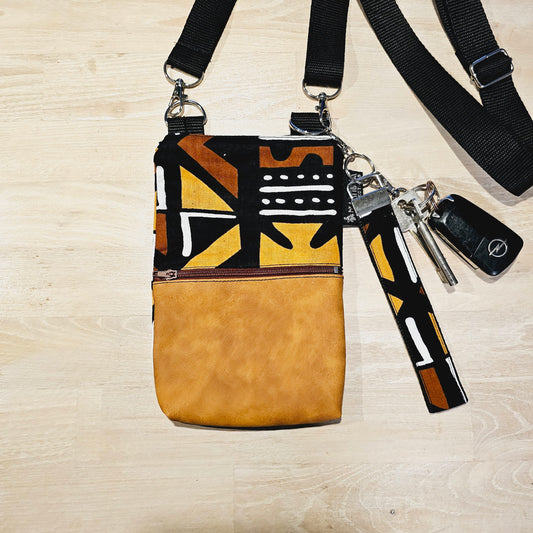Handmade Phone Bag and Keyfob Set | African Ankara Print Fabric | Vegan Leather Detail | Adjustable Shoulder Strap