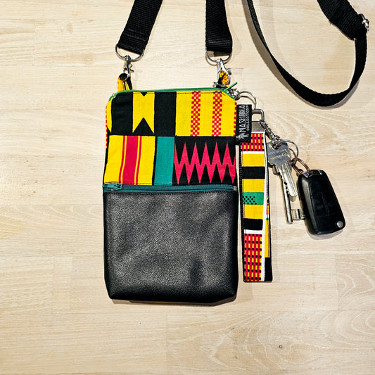 Handmade Phone Bag and Keyfob Set | African Ankara Print Fabric | Vegan Leather Detail | Adjustable Shoulder Strap