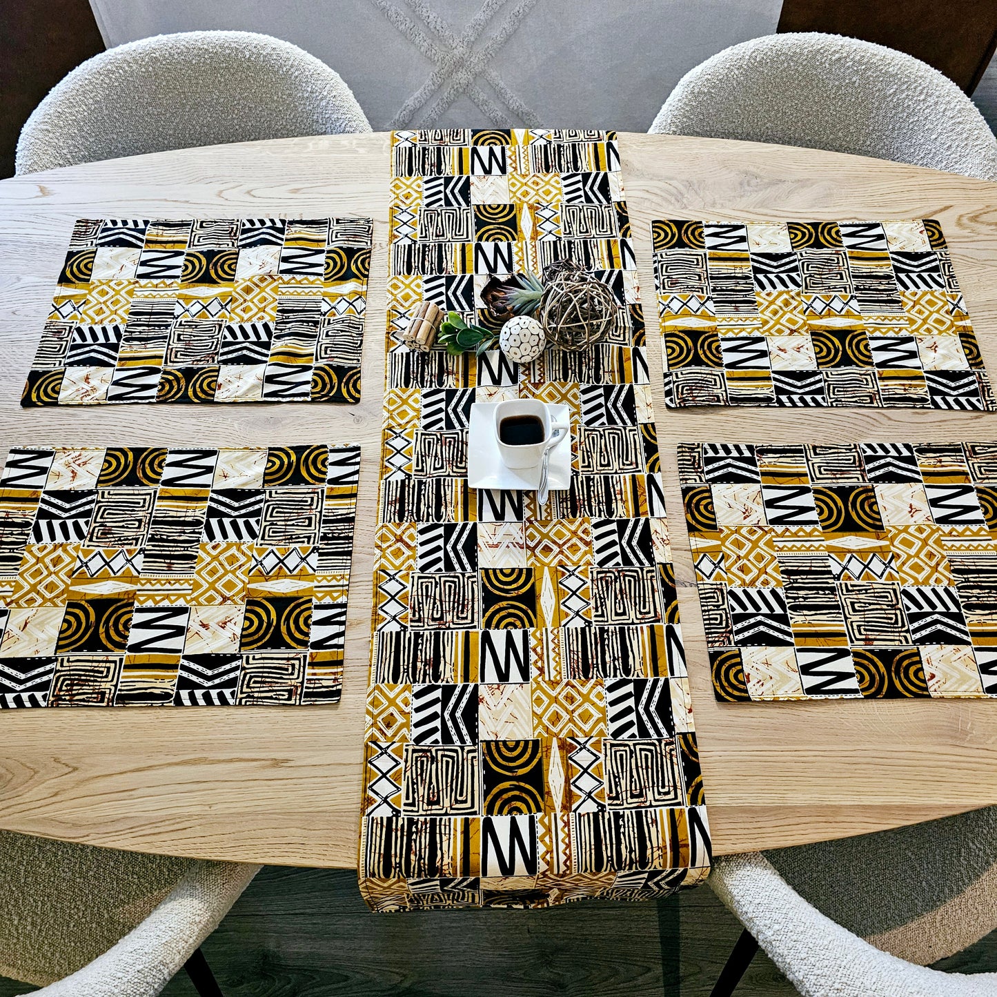 Handmade Table Runner and Set of 8 Placemats | African Print "Mudcloth" Bogolan Inspired Print Made from 100% African Print Fabric