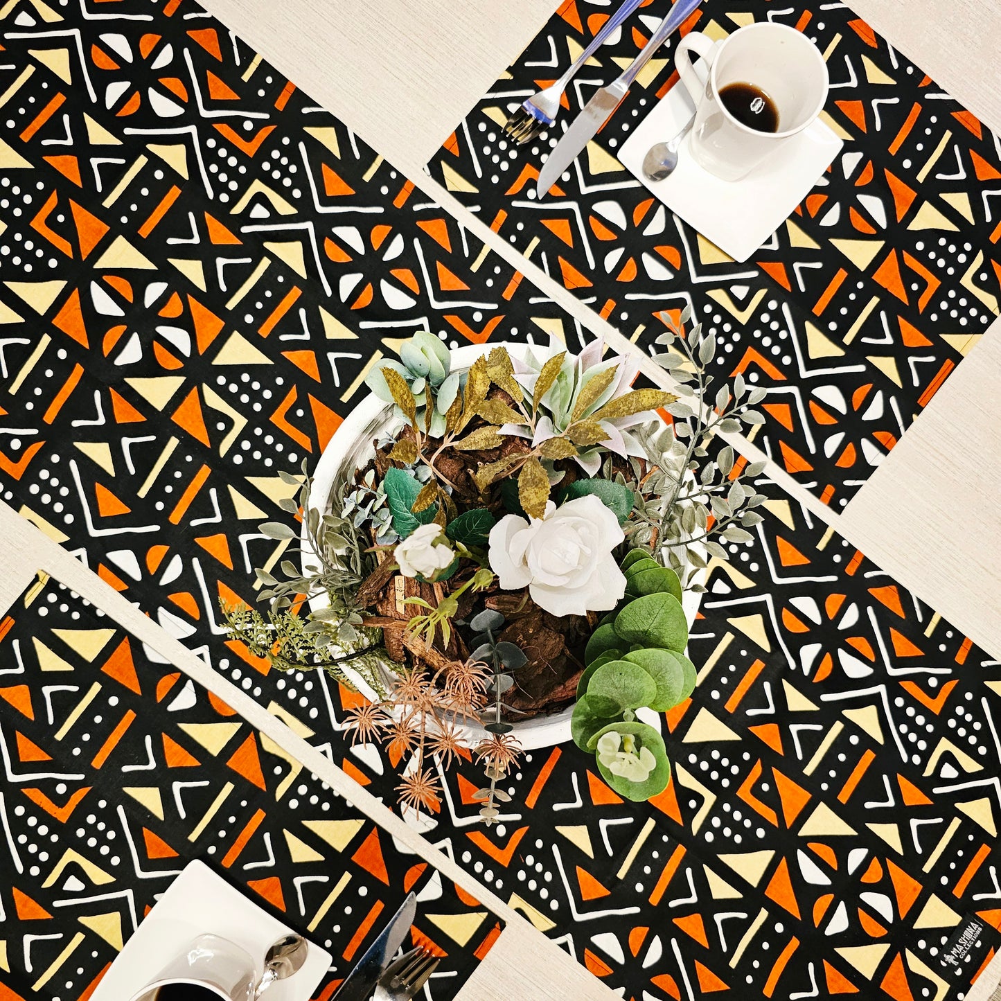 Table Runner and Set of 4 Placemats | 100% Cotton African Print Fabric