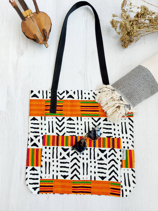 Handmade African Print Tote Bag | Beach Bag | Shopping Bag | Ankara X Mudcloth Print