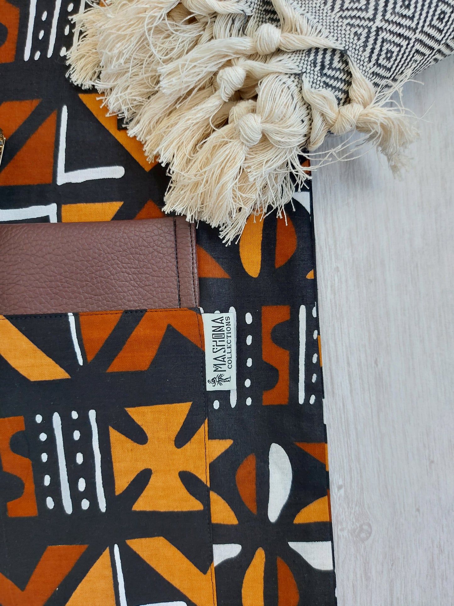 Handmade African Print Tote Bag | Beach Bag | Shopping Bag | Vegan Leather Detail