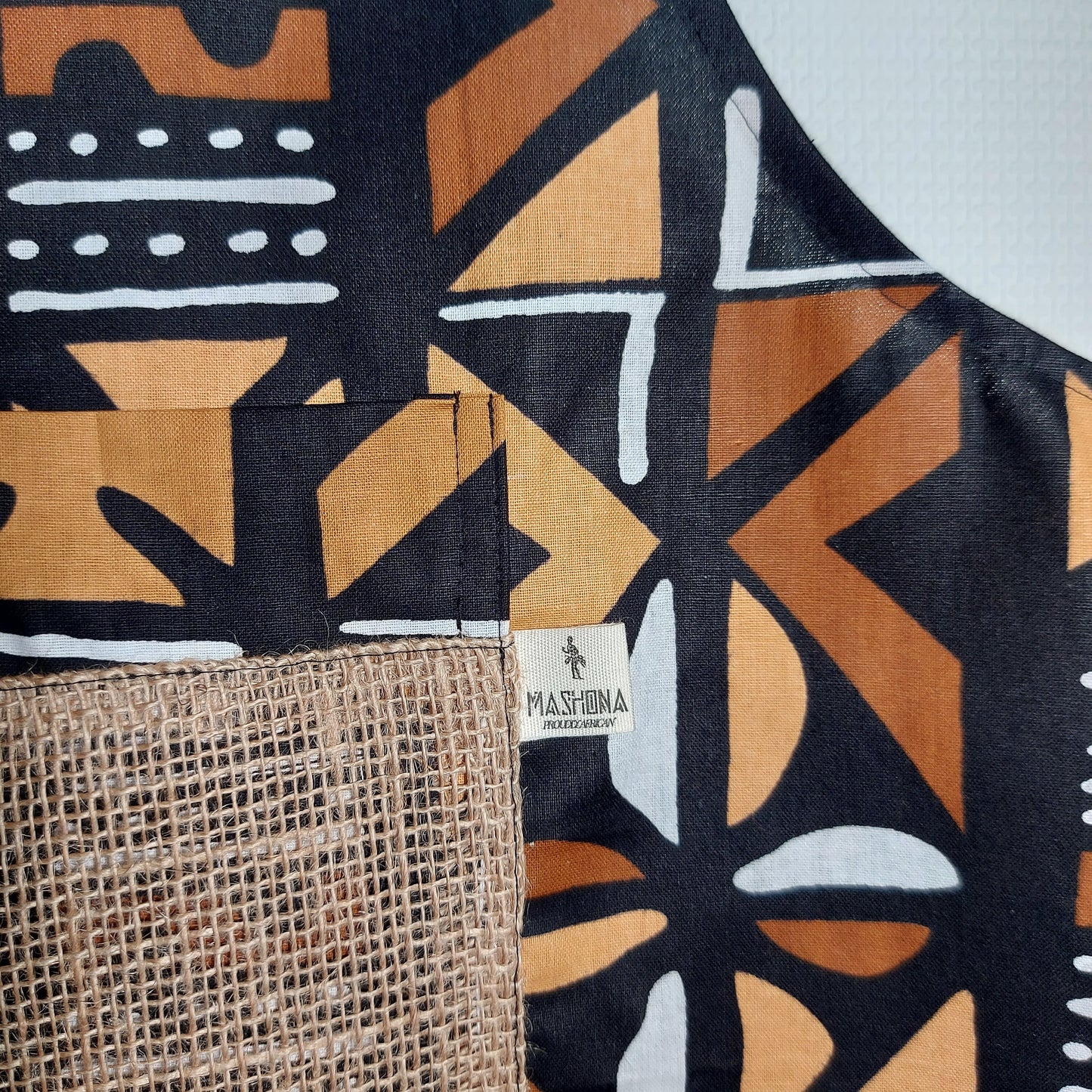 Mashona Handmade African Mudcloth Bogolan Print Apron with Burlap pocket